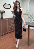 Stylish Cut - out Neckline Sparkling Black Midi Dress