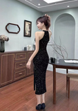 Stylish Cut - out Neckline Sparkling Black Midi Dress