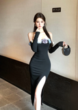 Stylish Long - sleeve Bodycon Dress with Side Slit and Flowers