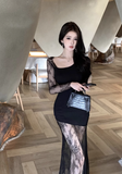 Stylish Asymmetric Black Dress with Sheer Lace Skirt