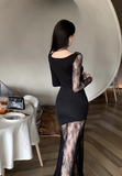 Stylish Asymmetric Black Dress with Sheer Lace Skirt