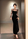 Elegant Long - sleeve Black Velvet Dress with Lace Yoke