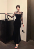 Elegant Long - sleeve Black Velvet Dress with Lace Yoke