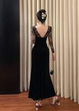 Elegant Long - sleeve Black Velvet Dress with Lace Yoke