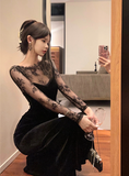 Elegant Long - sleeve Black Velvet Dress with Lace Yoke