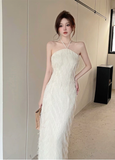 Elegant Halter Neck Ivory Feather Maxi Dress