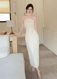 Elegant Halter Neck Ivory Feather Maxi Dress