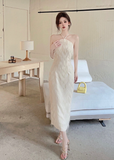 Elegant Halter Neck Ivory Feather Maxi Dress