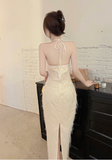 Elegant Halter Neck Ivory Feather Maxi Dress