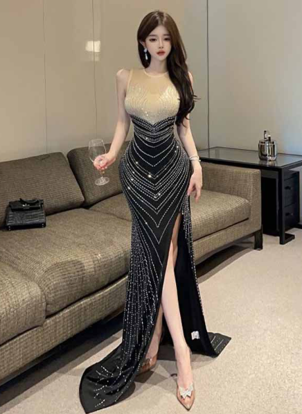 Glamorous Sleeveless Beaded Mermaid Gown with High Slit