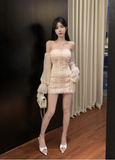 Stylish Long - sleeve Creamy Strapless Bodycon Dress