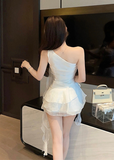 Stylish One - shoulder White Ruffled Chiffon Mini Dress