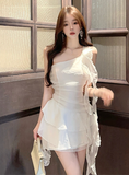 Stylish One - shoulder White Ruffled Chiffon Mini Dress