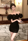 Elegant Off - shoulder Black Sequin Dress with Ruffled Flowers