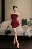 Stylish Ruby Red Feather - Embellished Mini Party Dress