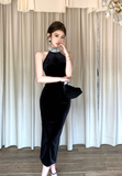 Stylish High - Neck Black Velvet Bodycon Evening Dress