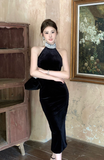 Stylish High - Neck Black Velvet Bodycon Evening Dress