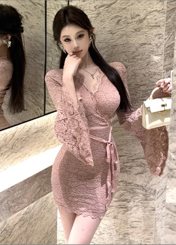 Charming Blush Pink Lace Wrap Dress with Bell Sleeves