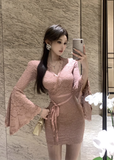 Charming Blush Pink Lace Wrap Dress with Bell Sleeves