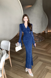 Elegant Long - Sleeve Navy Lace Mermaid Maxi Dress