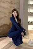 Elegant Long - Sleeve Navy Lace Mermaid Maxi Dress