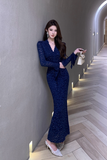 Elegant Long - Sleeve Navy Lace Mermaid Maxi Dress