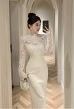 Elegant High - Neck Ivory Lace Long - Sleeve Maxi Dress