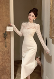 Elegant High - Neck Ivory Lace Long - Sleeve Maxi Dress