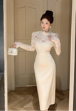 Elegant High - Neck Ivory Lace Long - Sleeve Maxi Dress