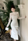 Elegant High - Neck Ivory Lace Long - Sleeve Maxi Dress