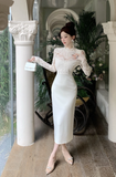 Elegant High - Neck Ivory Lace Long - Sleeve Maxi Dress