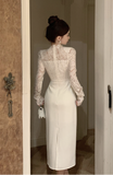 Elegant High - Neck Ivory Lace Long - Sleeve Maxi Dress