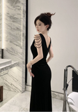 Stylish V - Neck Black Maxi Dress with Side Slit and Strappy Details