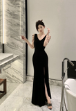 Stylish V - Neck Black Maxi Dress with Side Slit and Strappy Details