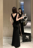 Stylish V - Neck Black Maxi Dress with Side Slit and Strappy Details