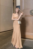 Elegant Spaghetti - Strap Camel Mermaid Maxi Dress