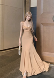 Elegant Spaghetti - Strap Camel Mermaid Maxi Dress