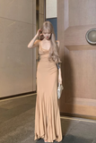 Elegant Spaghetti - Strap Camel Mermaid Maxi Dress