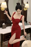 Elegant Square - Neck Crimson Mermaid Dress with Side Slit