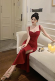 Elegant Square - Neck Crimson Mermaid Dress with Side Slit