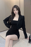 Stylish Black Crop Blazer with Bodycon Mini Dress Set