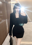 Stylish Black Crop Blazer with Bodycon Mini Dress Set