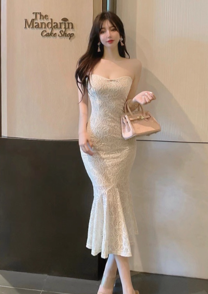 Elegant Strapless Cream Lace Mermaid Midi Dress