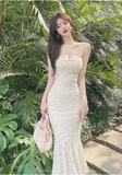 Elegant Strapless Cream Lace Mermaid Midi Dress