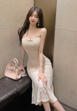 Elegant Strapless Cream Lace Mermaid Midi Dress