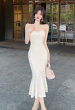 Elegant Strapless Cream Lace Mermaid Midi Dress