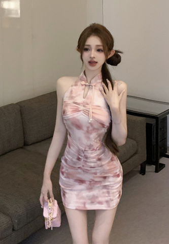 Stylish Halter Neck Pink Tie - Dye Cheongsam Mini Dress