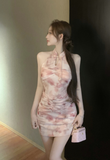 Stylish Halter Neck Pink Tie - Dye Cheongsam Mini Dress