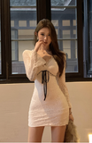 Exquisite White Lace Dress with Ribbon Tie - up Detail