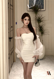 Elegant White Strapless Dress with Puffy Sheer Sleeves